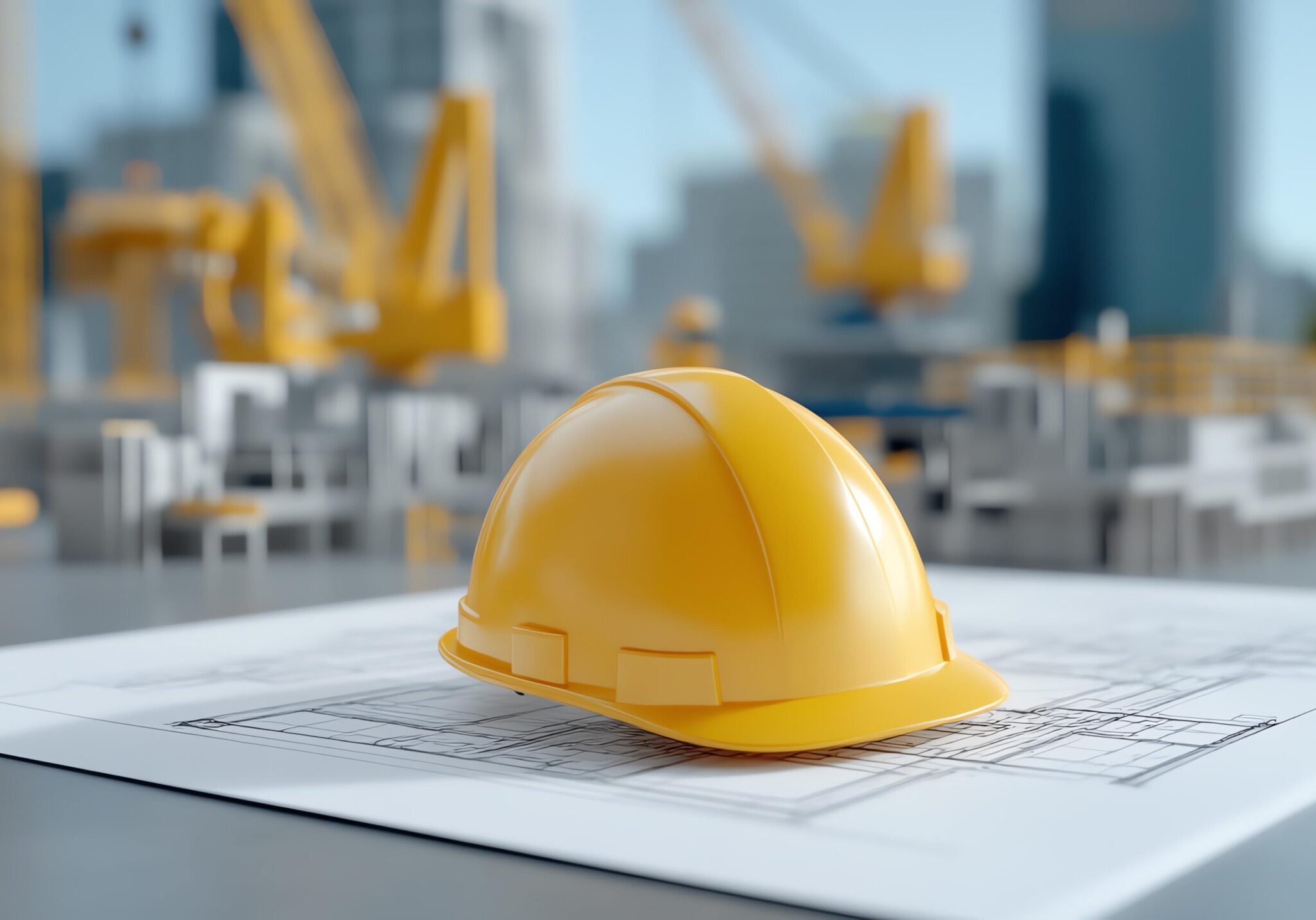 A yellow hard hat resting on construction blueprints, symbolizing safety and engineering in a bustling construction site.