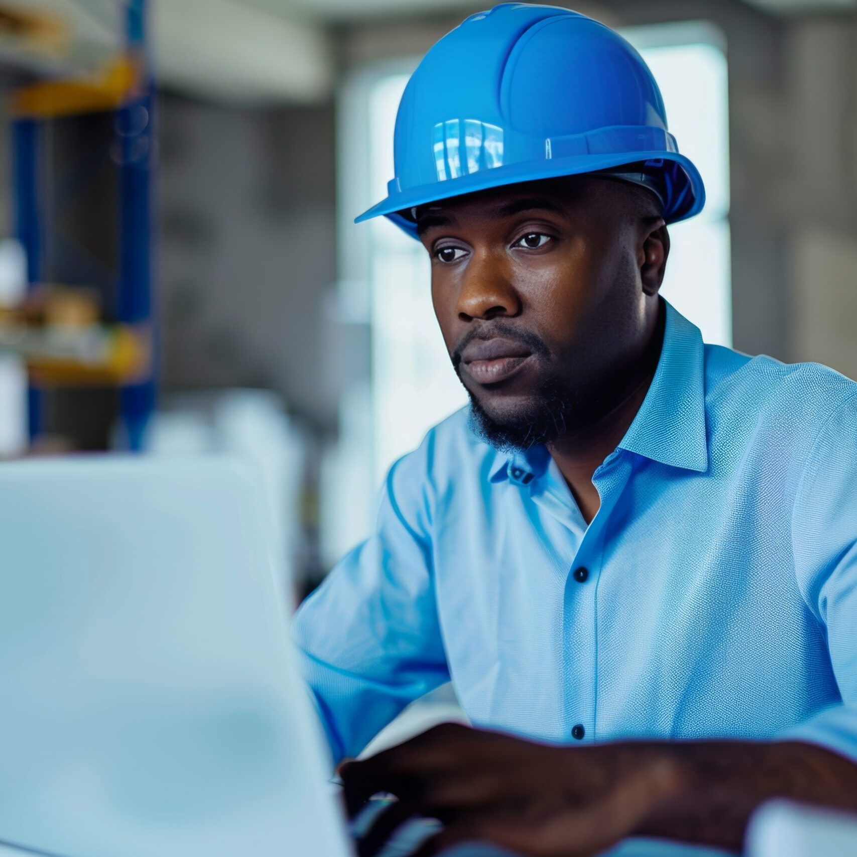A portrait of a black male general contractor working at a computer in his office wearing a blue protective helmet.